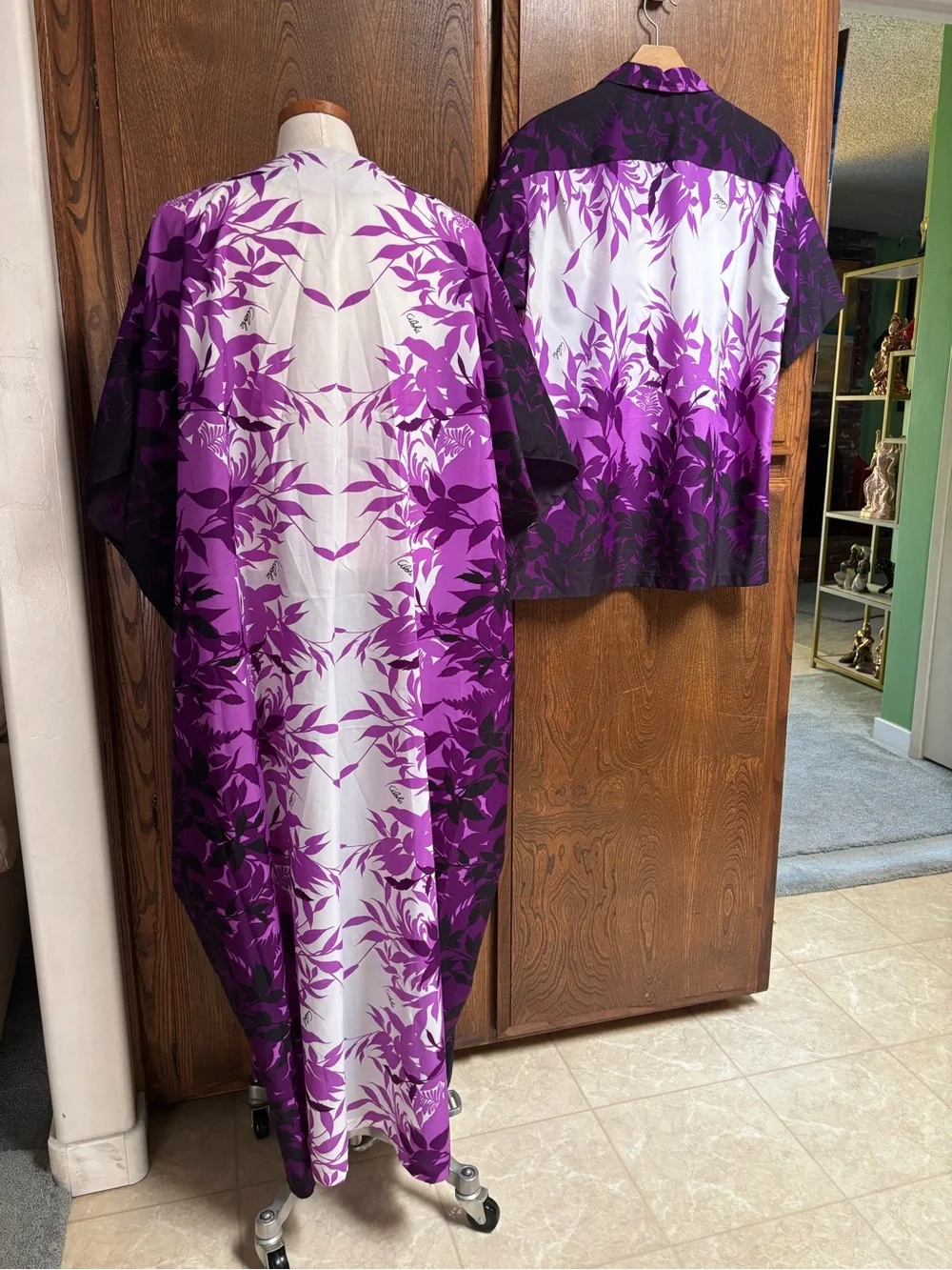 Purple & White Floral Kimono Dress and Matching Mens Shirt. Honeymoon set.